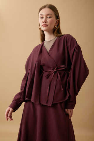 Pleated Panel Detail Skirt Set Burgundy - 4