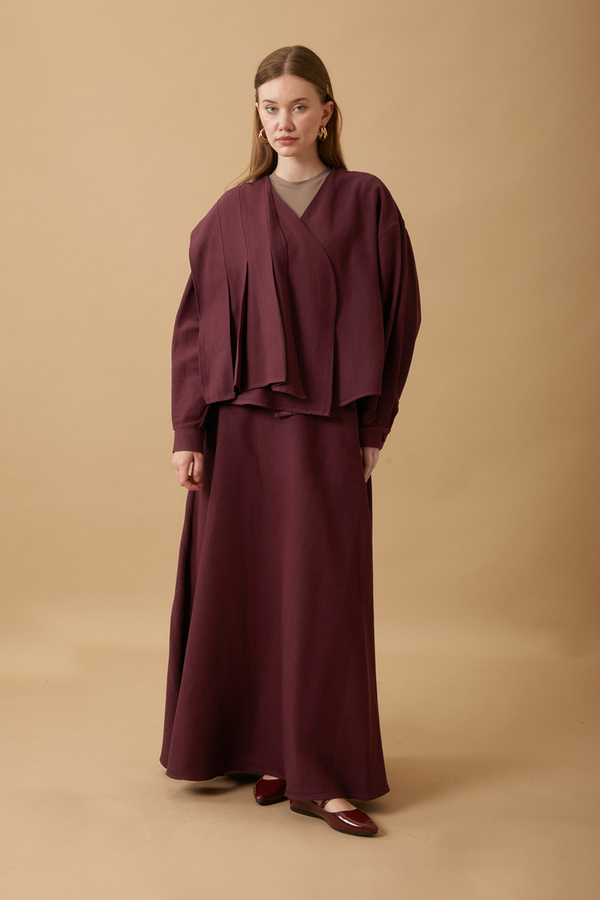 Pleated Panel Detail Skirt Set Burgundy - 6