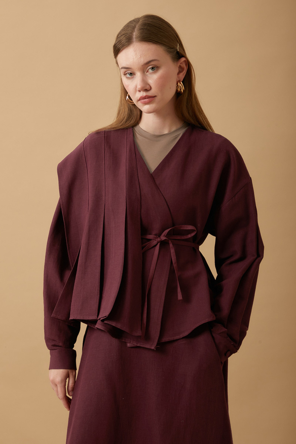 Pleated Panel Detail Skirt Set Burgundy - 13