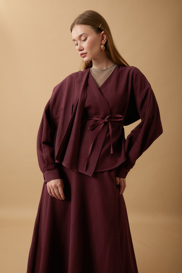 Pleated Panel Detail Skirt Set Burgundy - 8