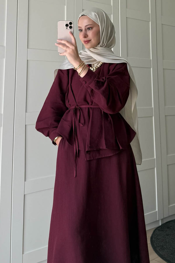 Pleated Panel Detail Skirt Set Burgundy - 2