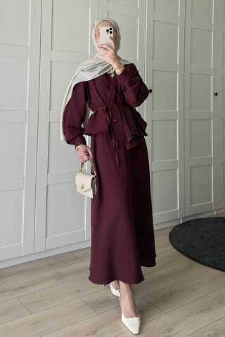 Pleated Panel Detail Skirt Set Burgundy - 1