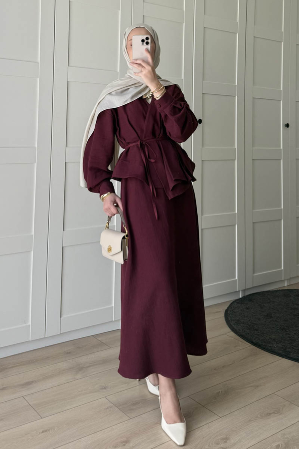 Pleated Panel Detail Skirt Set Burgundy - 1