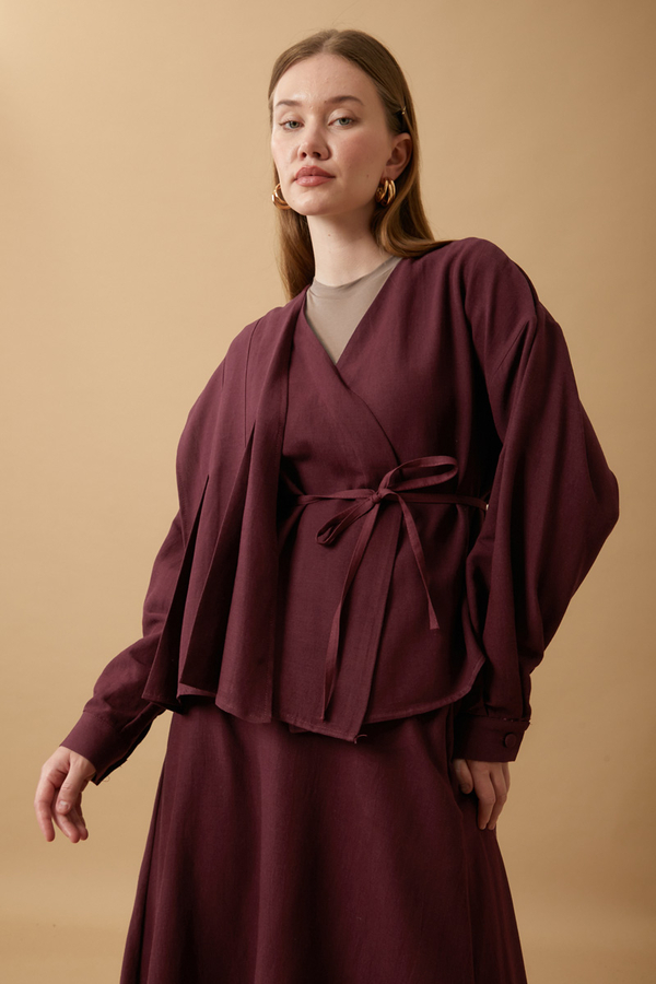 Pleated Panel Detail Skirt Set Burgundy - 4