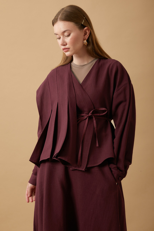 Pleated Panel Detail Skirt Set Burgundy - 5