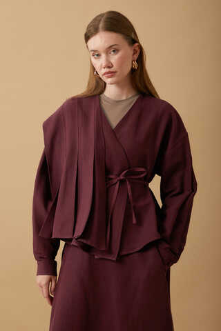 Pleated Panel Detail Skirt Set Burgundy - 13