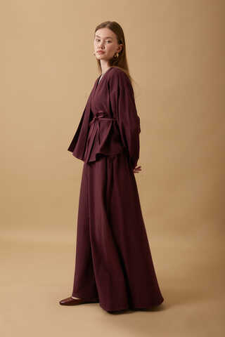 Pleated Panel Detail Skirt Set Burgundy - 14