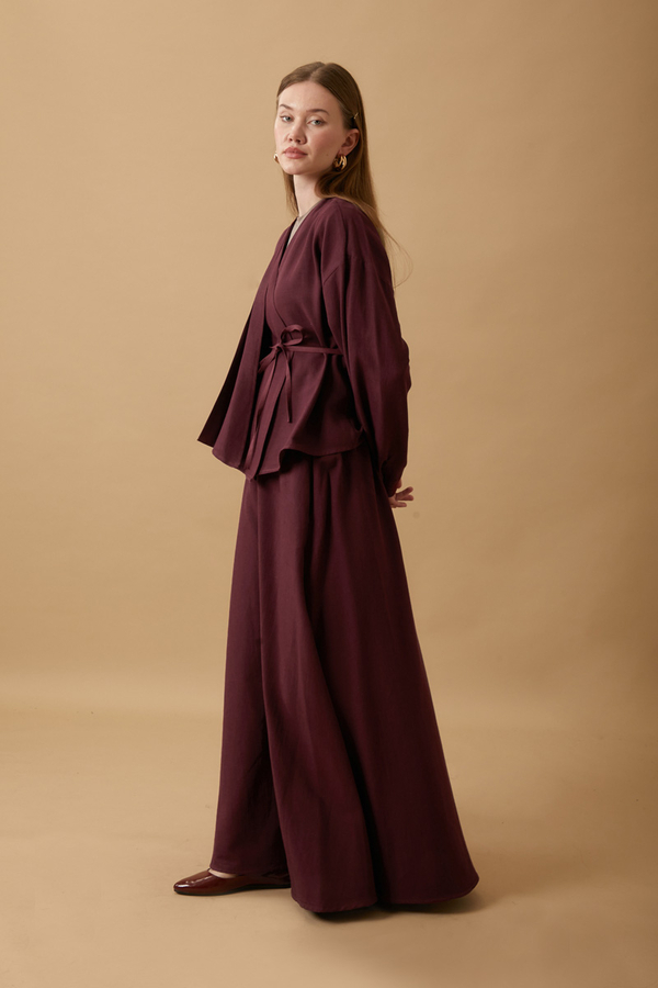 Pleated Panel Detail Skirt Set Burgundy - 14