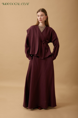 Pleated Panel Detail Skirt Set Burgundy - 3