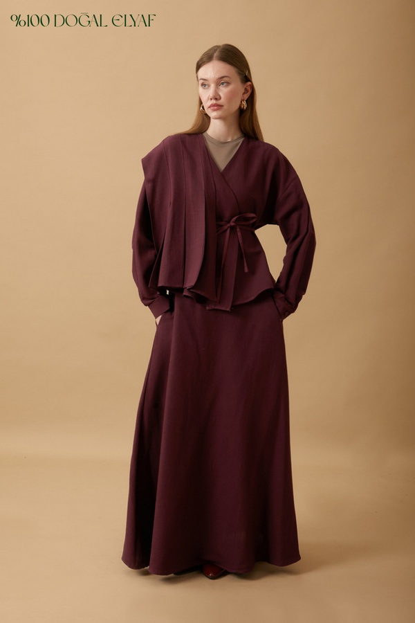 Pleated Panel Detail Skirt Set Burgundy - 3