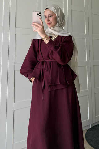 Pleated Panel Detail Skirt Set Burgundy - 2