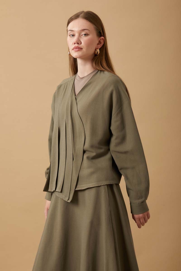 Pleated Panel Detail Skirt Set Khaki - 4