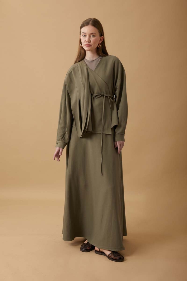 Pleated Panel Detail Skirt Set Khaki - 5