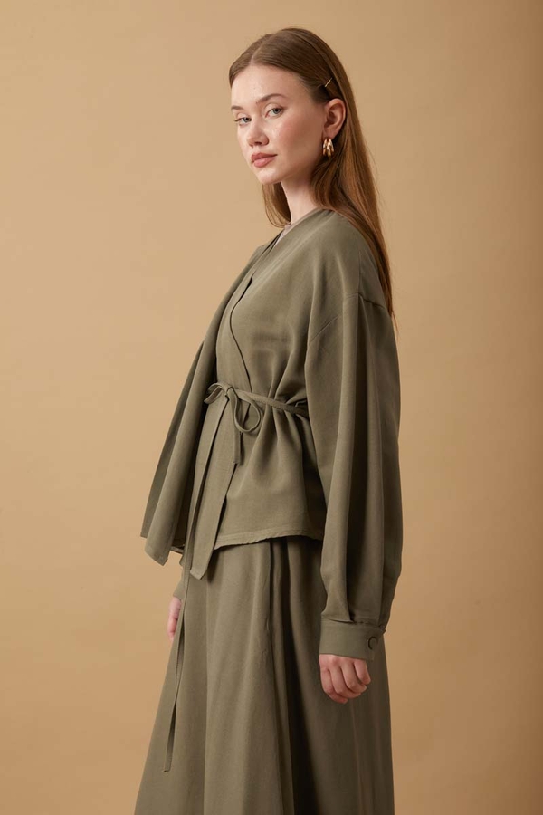 Pleated Panel Detail Skirt Set Khaki - 7