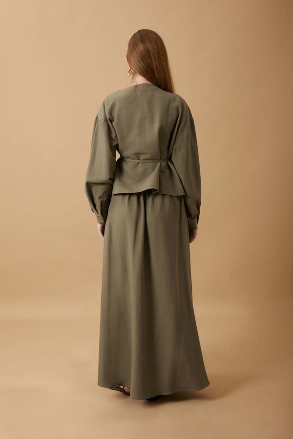 Pleated Panel Detail Skirt Set Khaki - 11