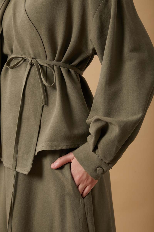 Pleated Panel Detail Skirt Set Khaki - 8