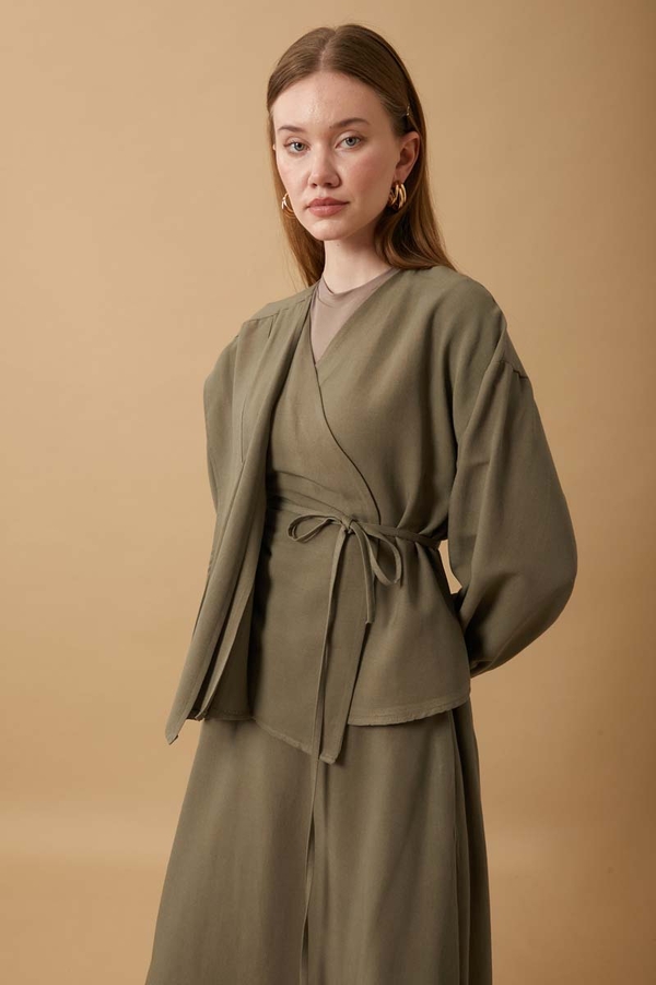 Pleated Panel Detail Skirt Set Khaki - 3