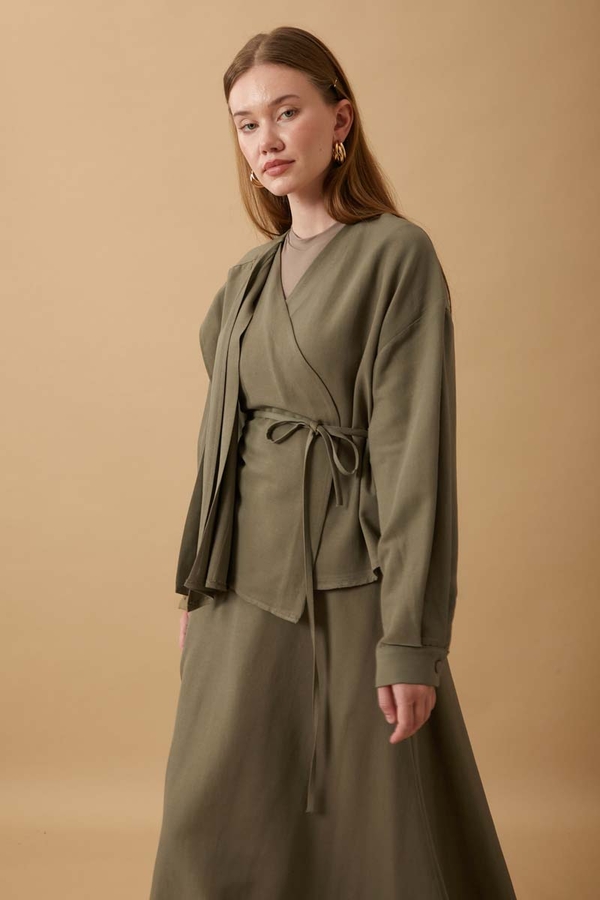 Pleated Panel Detail Skirt Set Khaki - 10