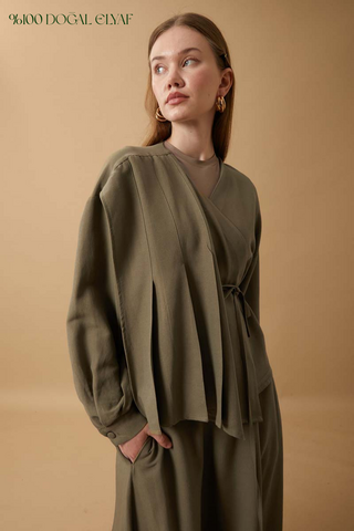 Pleated Panel Detail Skirt Set Khaki - 1