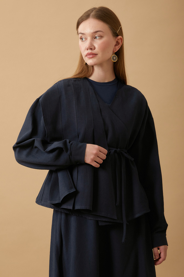 Pleated Panel Detail Skirt Set Navy Blue - 6