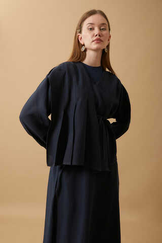 Pleated Panel Detail Skirt Set Navy Blue - 11