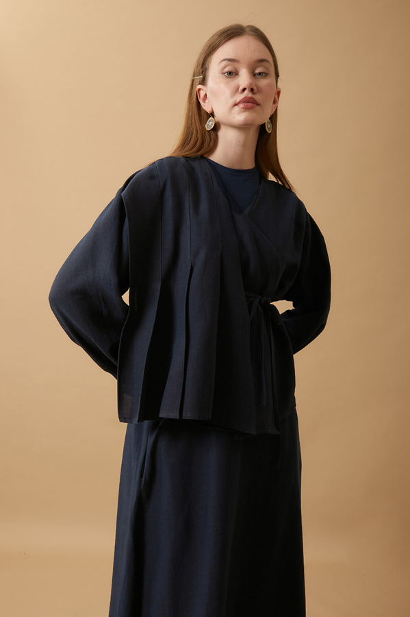 Pleated Panel Detail Skirt Set Navy Blue - 11