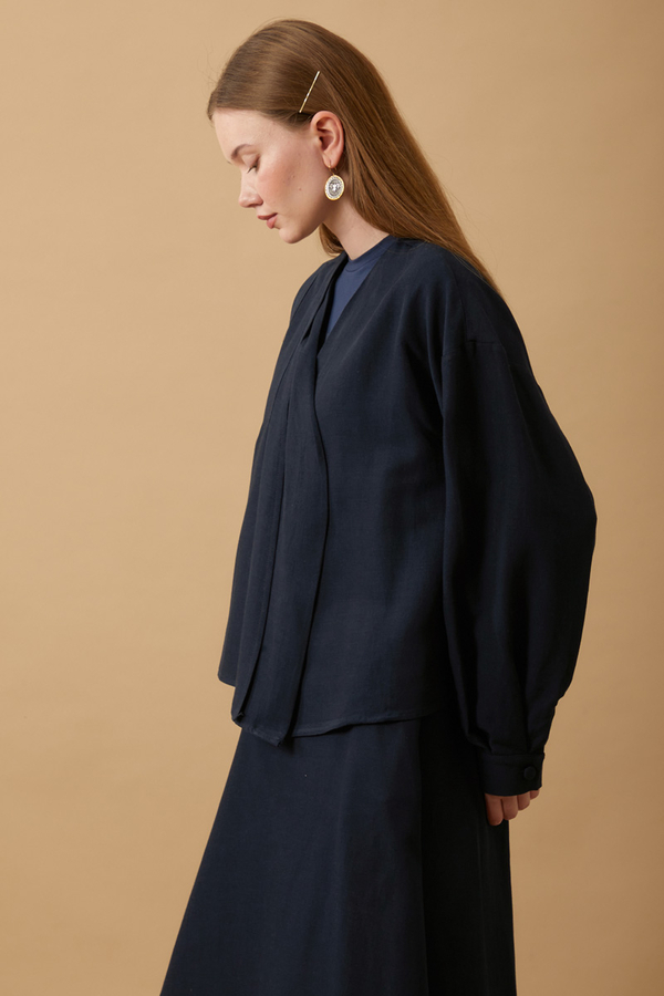 Pleated Panel Detail Skirt Set Navy Blue - 5