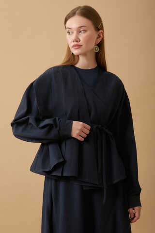 Pleated Panel Detail Skirt Set Navy Blue - 6