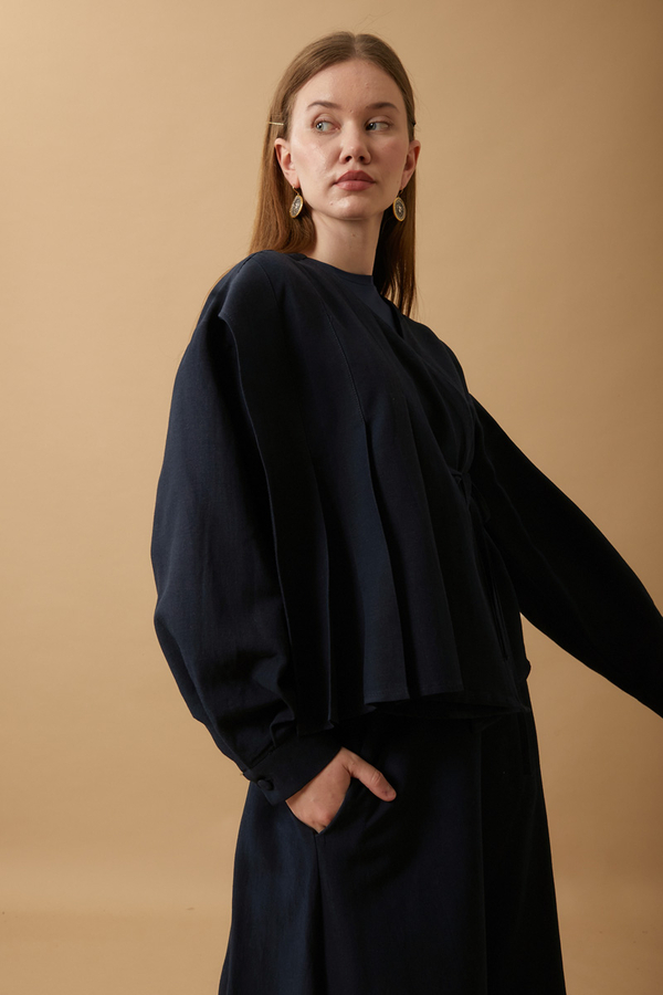 Pleated Panel Detail Skirt Set Navy Blue - 10