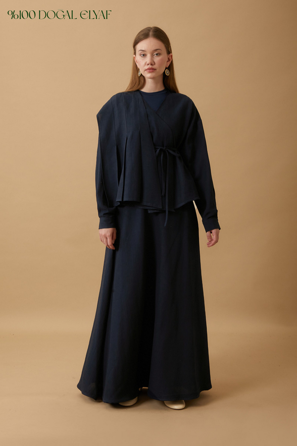 Pleated Panel Detail Skirt Set Navy Blue 