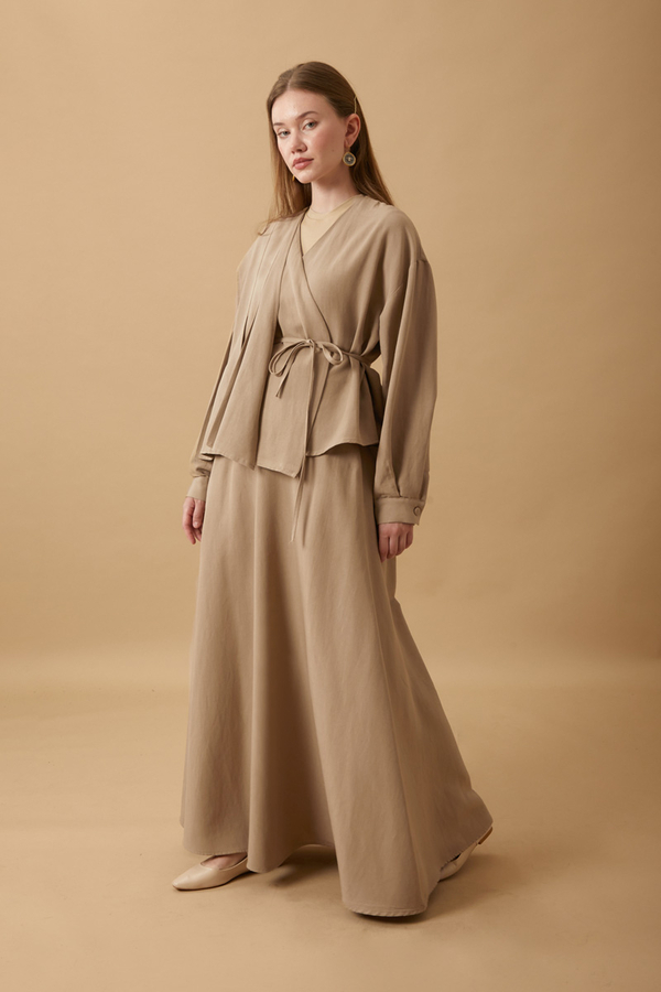 Pleated Panel Detail Skirt Set Taupe - 14