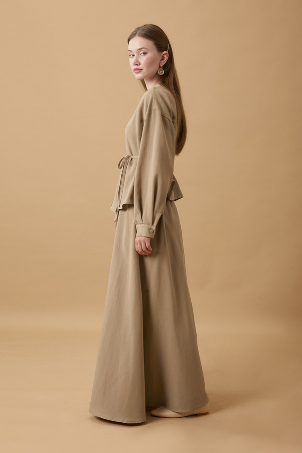 Pleated Panel Detail Skirt Set Taupe - 11