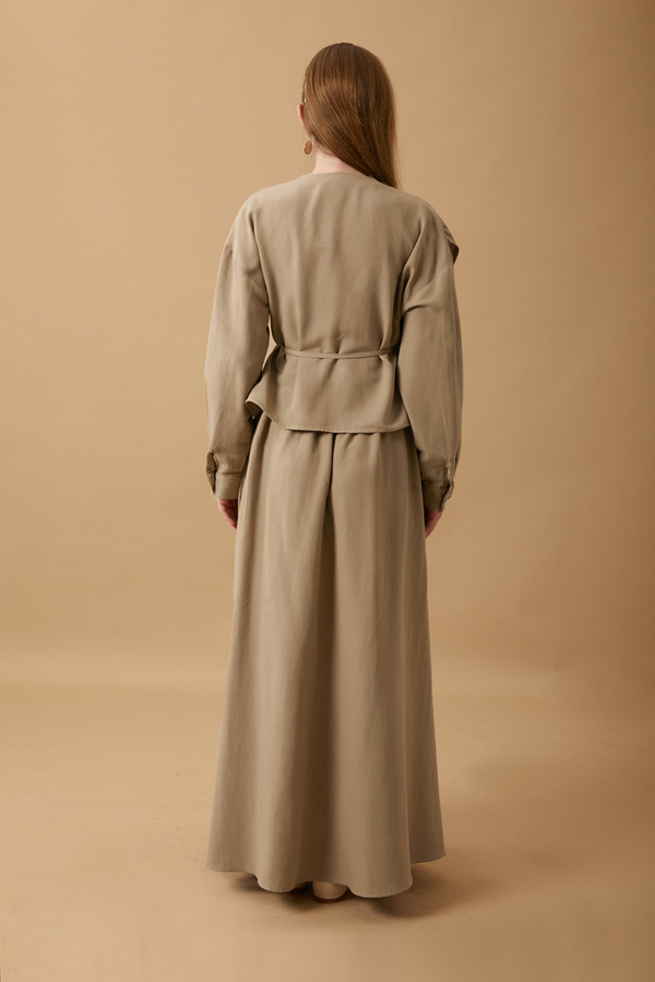 Pleated Panel Detail Skirt Set Taupe - 17