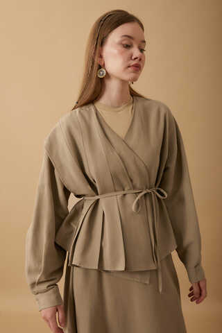 Pleated Panel Detail Skirt Set Taupe - 9