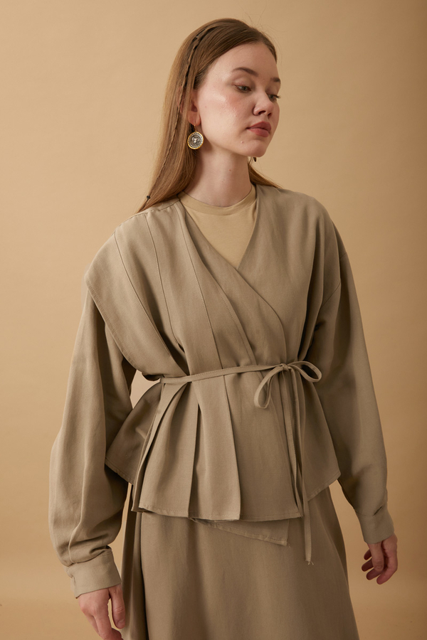 Pleated Panel Detail Skirt Set Taupe - 9