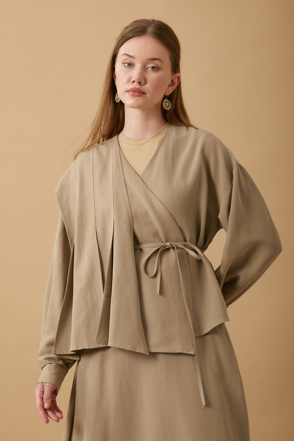 Pleated Panel Detail Skirt Set Taupe - 10
