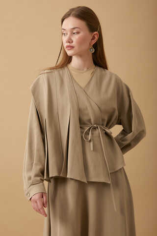 Pleated Panel Detail Skirt Set Taupe - 12