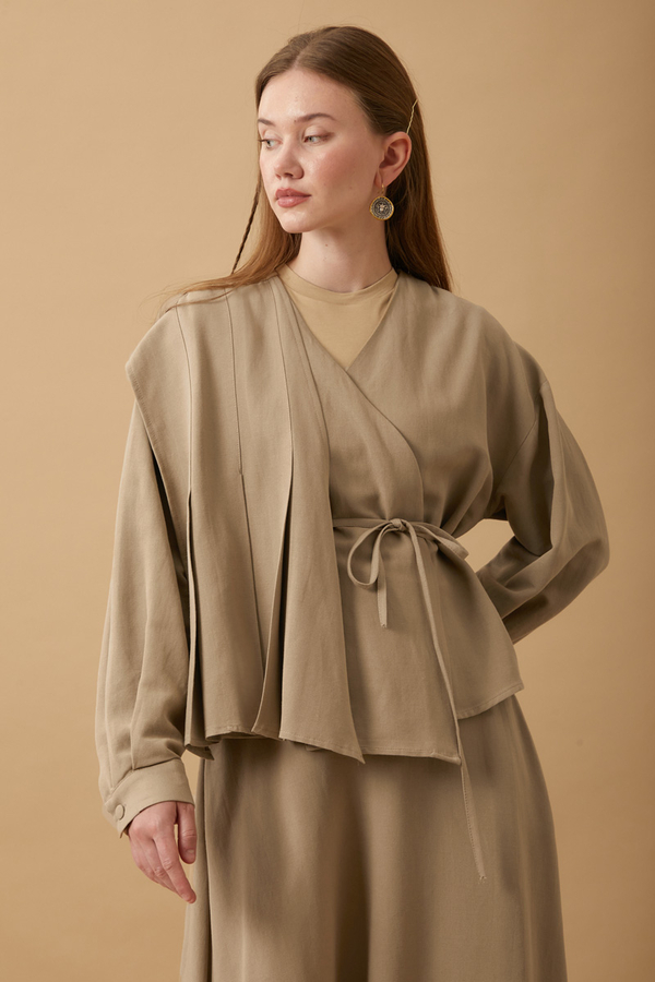 Pleated Panel Detail Skirt Set Taupe - 12