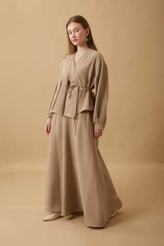 Pleated Panel Detail Skirt Set Taupe - 14