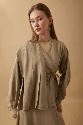 Pleated Panel Detail Skirt Set Taupe - 15