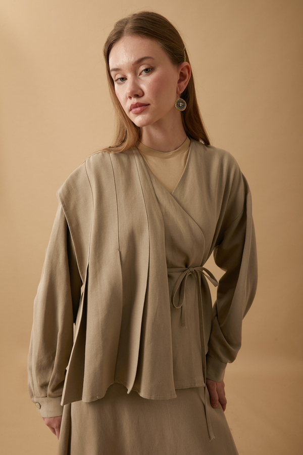 Pleated Panel Detail Skirt Set Taupe - 15