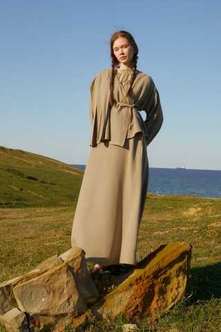 Pleated Panel Detail Skirt Set Taupe - 7