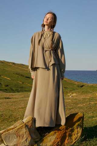 Pleated Panel Detail Skirt Set Taupe - 6