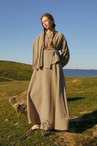 Pleated Panel Detail Skirt Set Taupe - 2