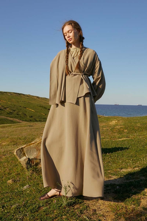 Pleated Panel Detail Skirt Set Taupe - 2