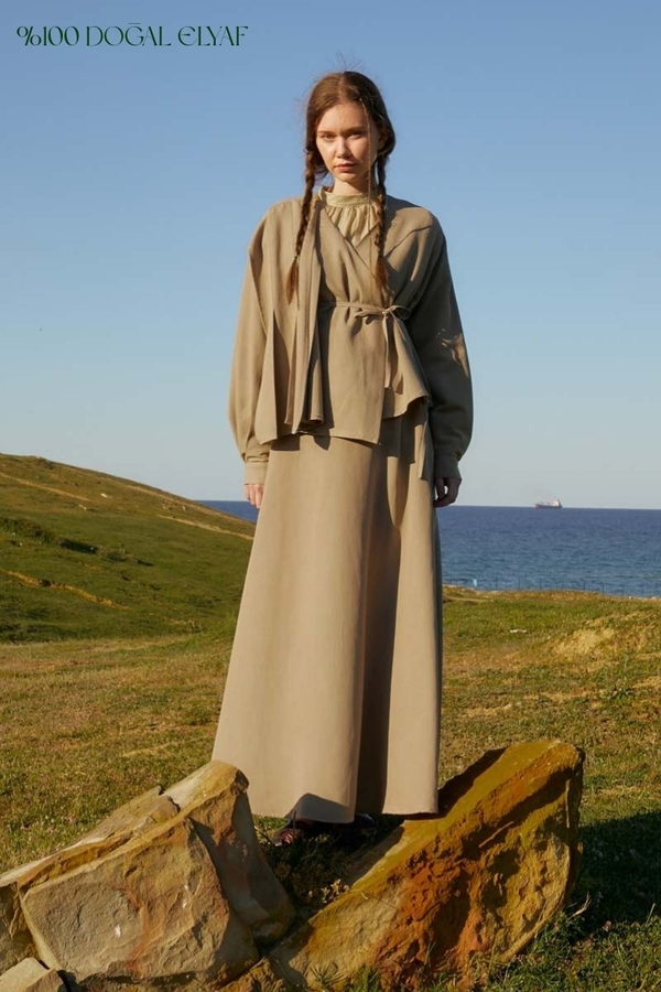 Pleated Panel Detail Skirt Set Taupe - 1