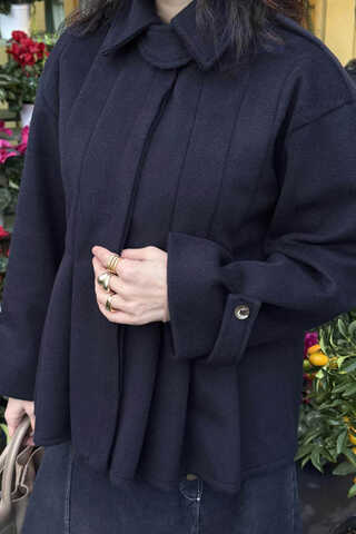 Pleated Short Coat Navy - 4