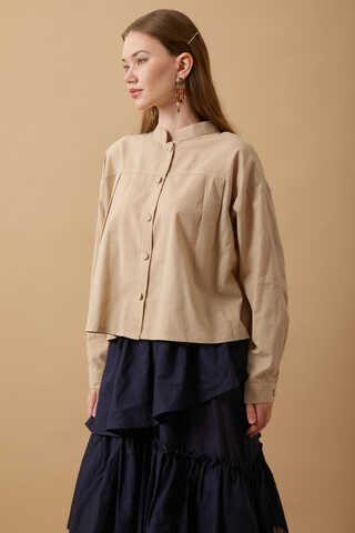 Pleated Short Shirt Beige - 4