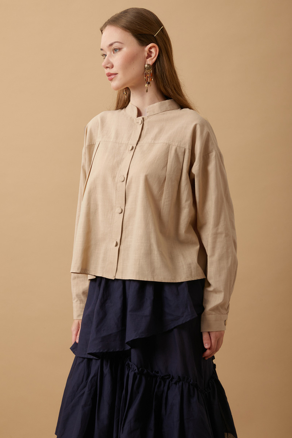 Pleated Short Shirt Beige - 4