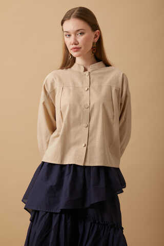 Pleated Short Shirt Beige - 6